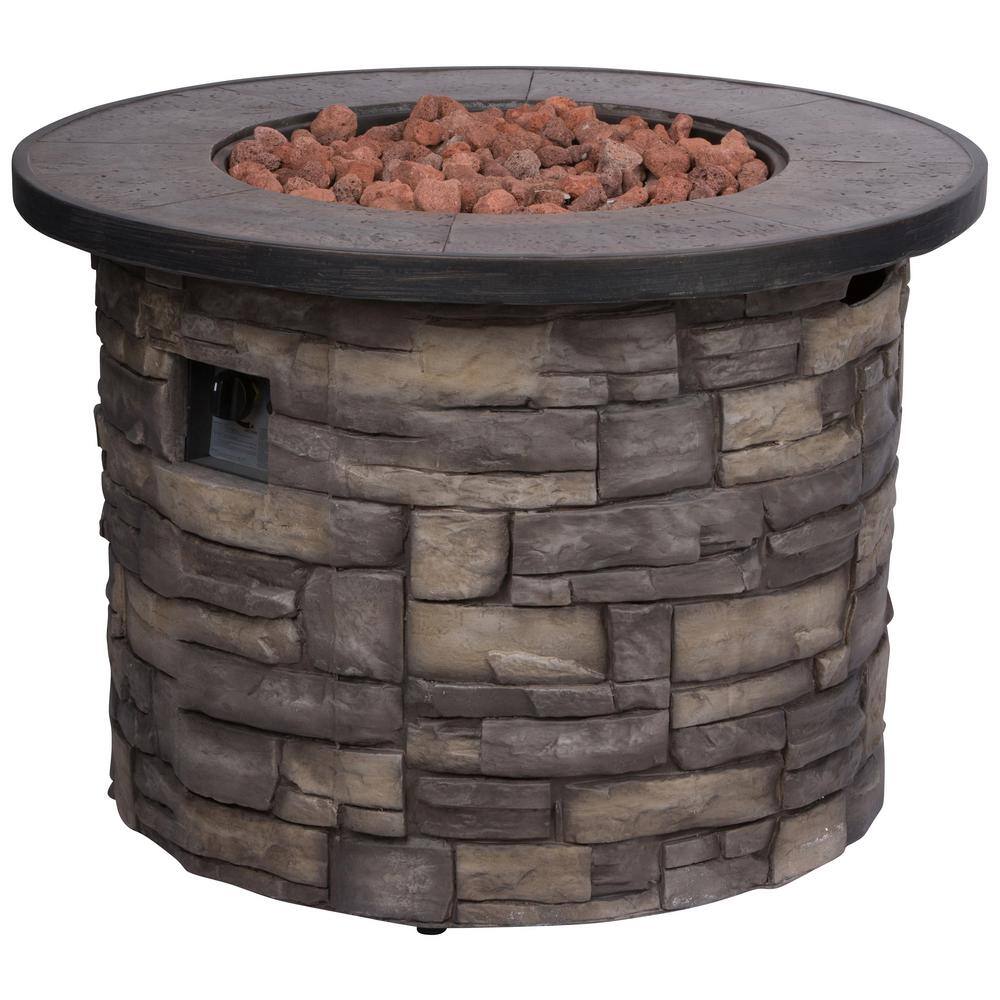 Shine Company Sevilla Round Outdoor Propane Gas Stone Fire Pit Table with Lava Rock 35 in. Dia 6101SC