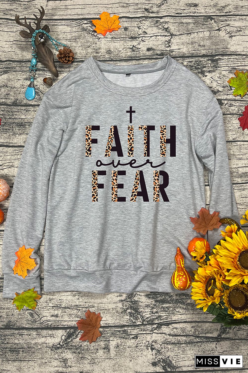 Faith Over Fear Half Leopard Black Print O-neck Long Sleeve Sweatshirts Women Wholesale