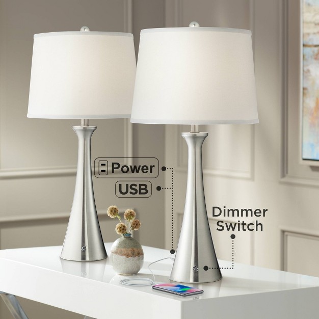 Tall Set Of 2 Brushed Nickel With Usb And Outlet White Drum Shade For Bedroom Living Room House Bedside