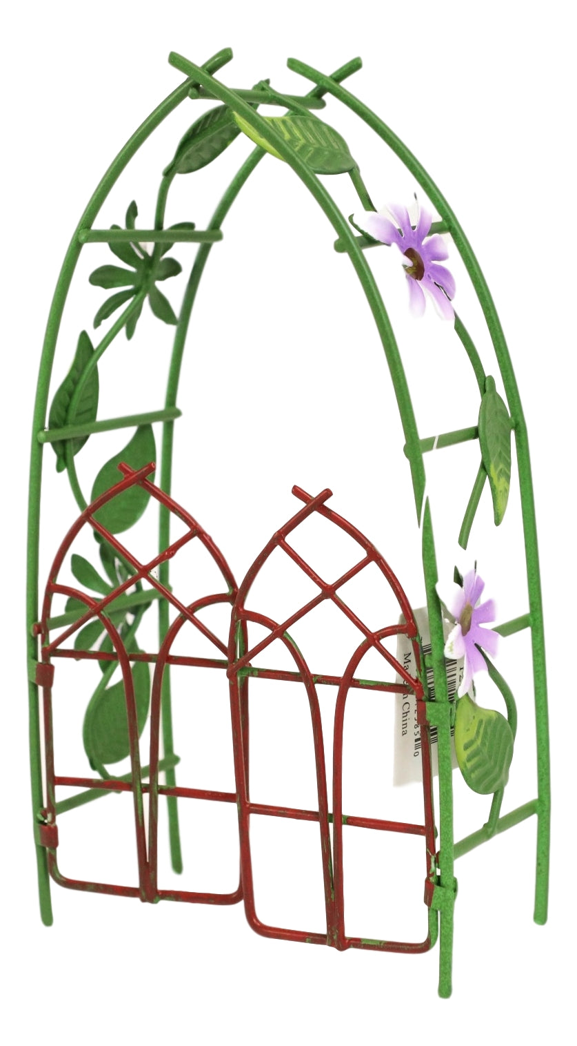 Ebros Fairy Garden Miniature Floral Trellis Arch Swing Door Gate Metal 6.5