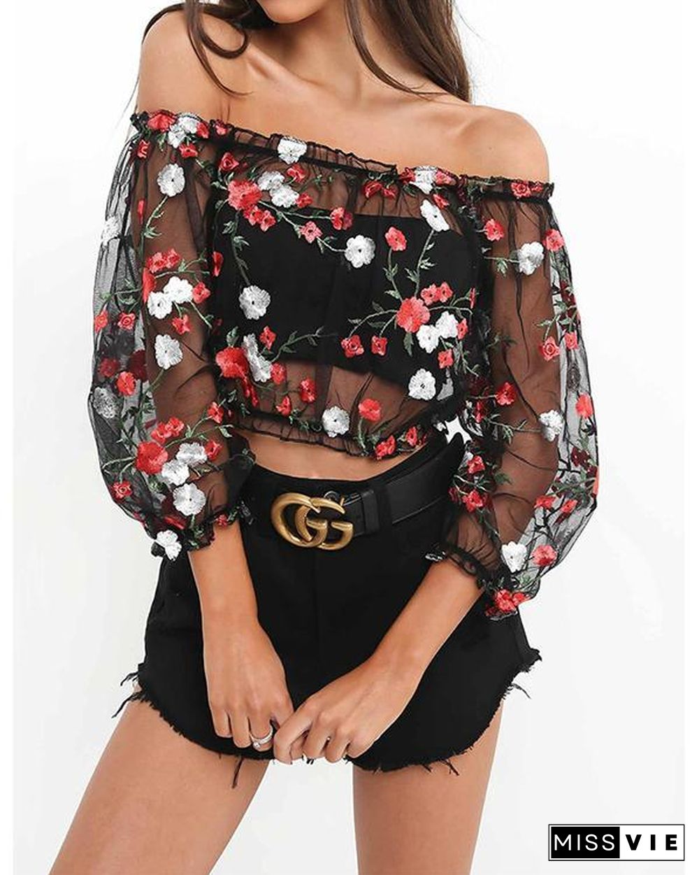 Embroidered Transparent Mesh Sheer Off-Shoulder Blouses