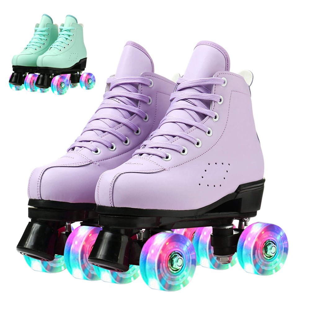 Classic Roller Skates for Adult Cozy Lace-up Quad Skates Retro Double-Row Four Wheels Skates Indoor Outdoor Shiny Roller Skates for Beginner Youth， Purple， 6.5