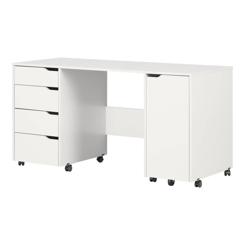 South Shore 58.12 in. Pure White Rectangular 4 -Drawer Writing Desk with Casters 7550728