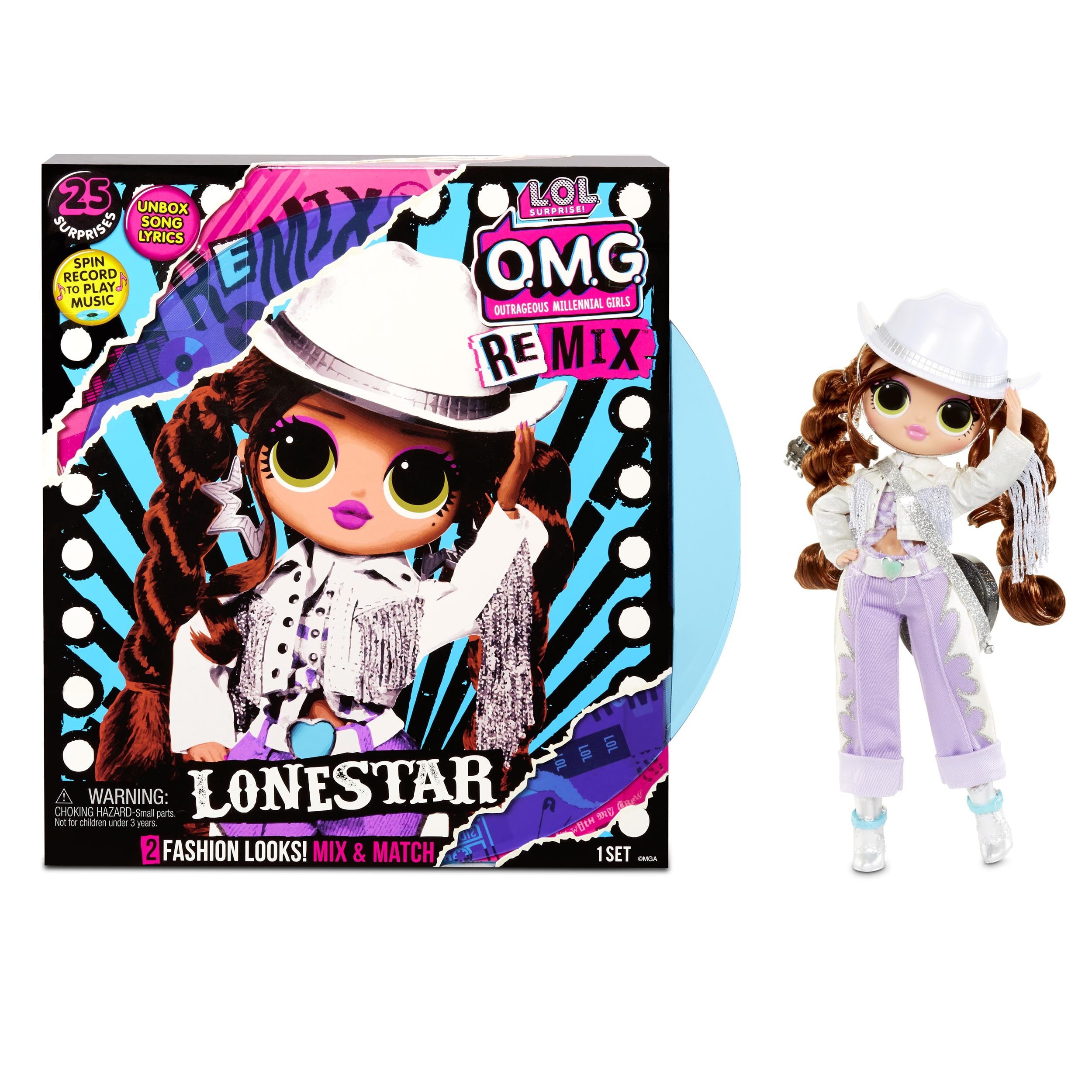 LOL Surprise OMG Remix Lonestar Fashion Doll with 25 Surprises Including Extra Outfit, Shoes, Hair Brush, Doll Stand, Lyric Magazine, and Music Record Player - Toys For Girls Ages 4 5 6+