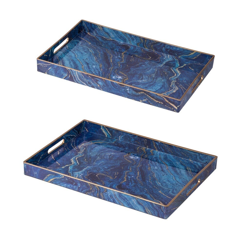 19， 18 Inch Set of 2 Modern Decorative Trays， Blue Pattern with Gold Rim - 26 H x 37 W x 37 L Inches