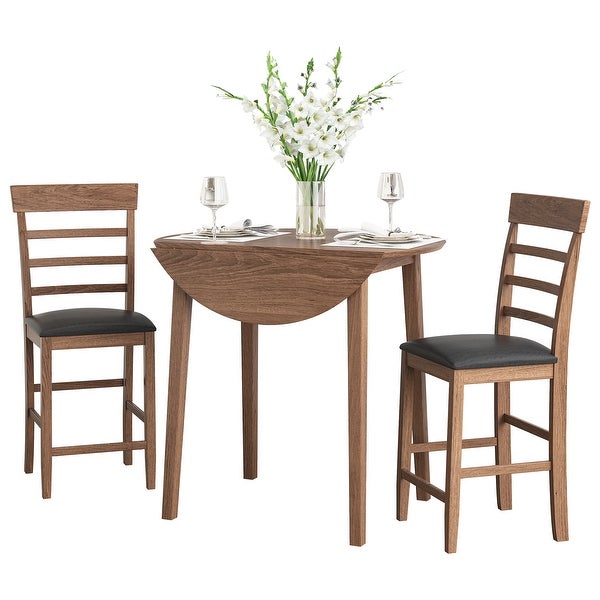 3-Piece Round Counter Height Drop-Leaf Table with 2 Upholstered Chairs， Dining Table Set Pub Set with PU leather Cushion