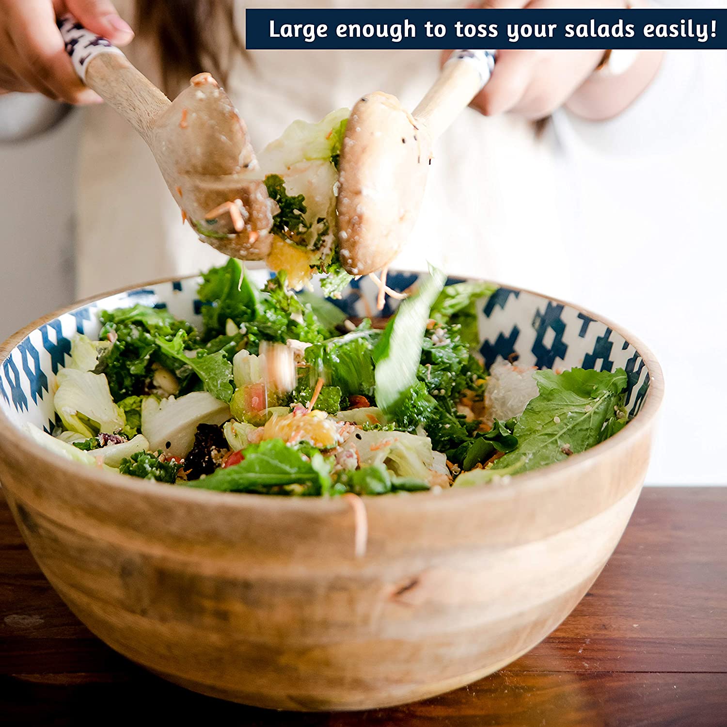 Folkulture Salad Bowl with Serving Tongs， 12x5 inches， Mango Wood， Geometric Blue