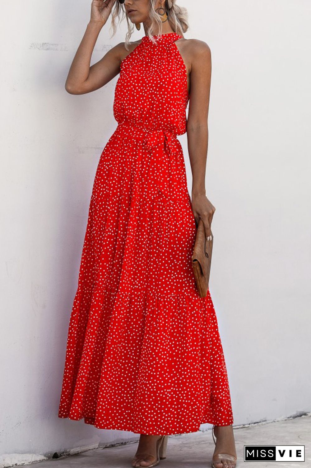 Halter Polka Dot Print Tie Waist Maxi Dress Wholesale