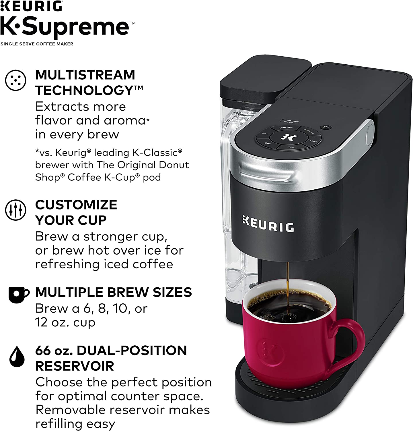 Keurig K-Supreme Coffee Maker， Single Serve K-Cup Pod Coffee Brewer， With MultiStream Technology， 66 Oz Dual-Position Reservoir， and Customizable Settings， Black