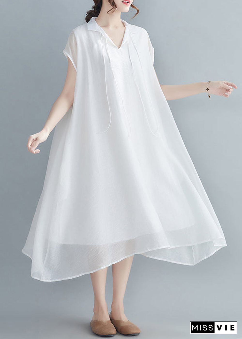 White Chiffon Long Dress Extra large hem Lace up Short Sleeve