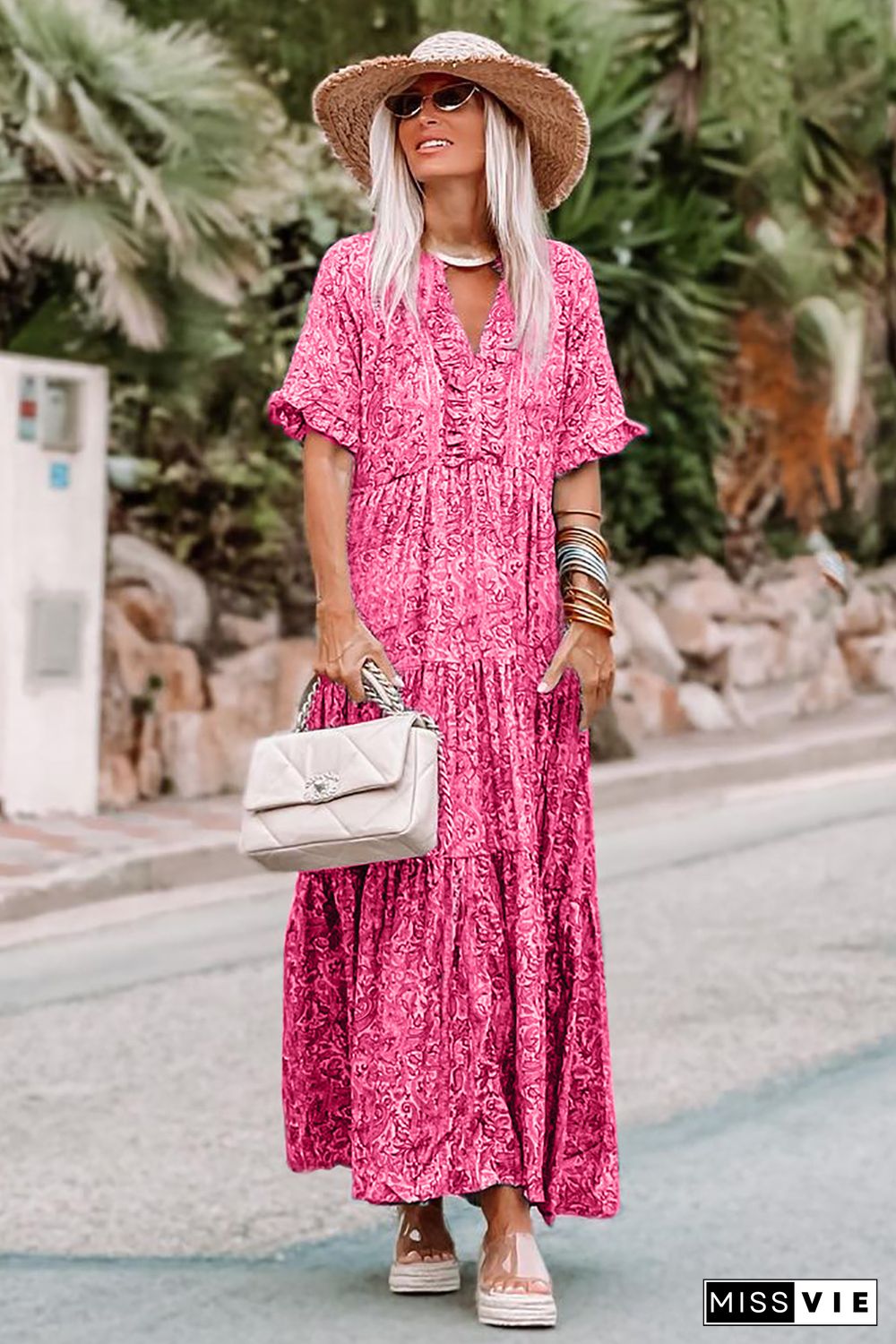 Pink Paisley Print Boho Holiday Ruffle Tiered Maxi Dress