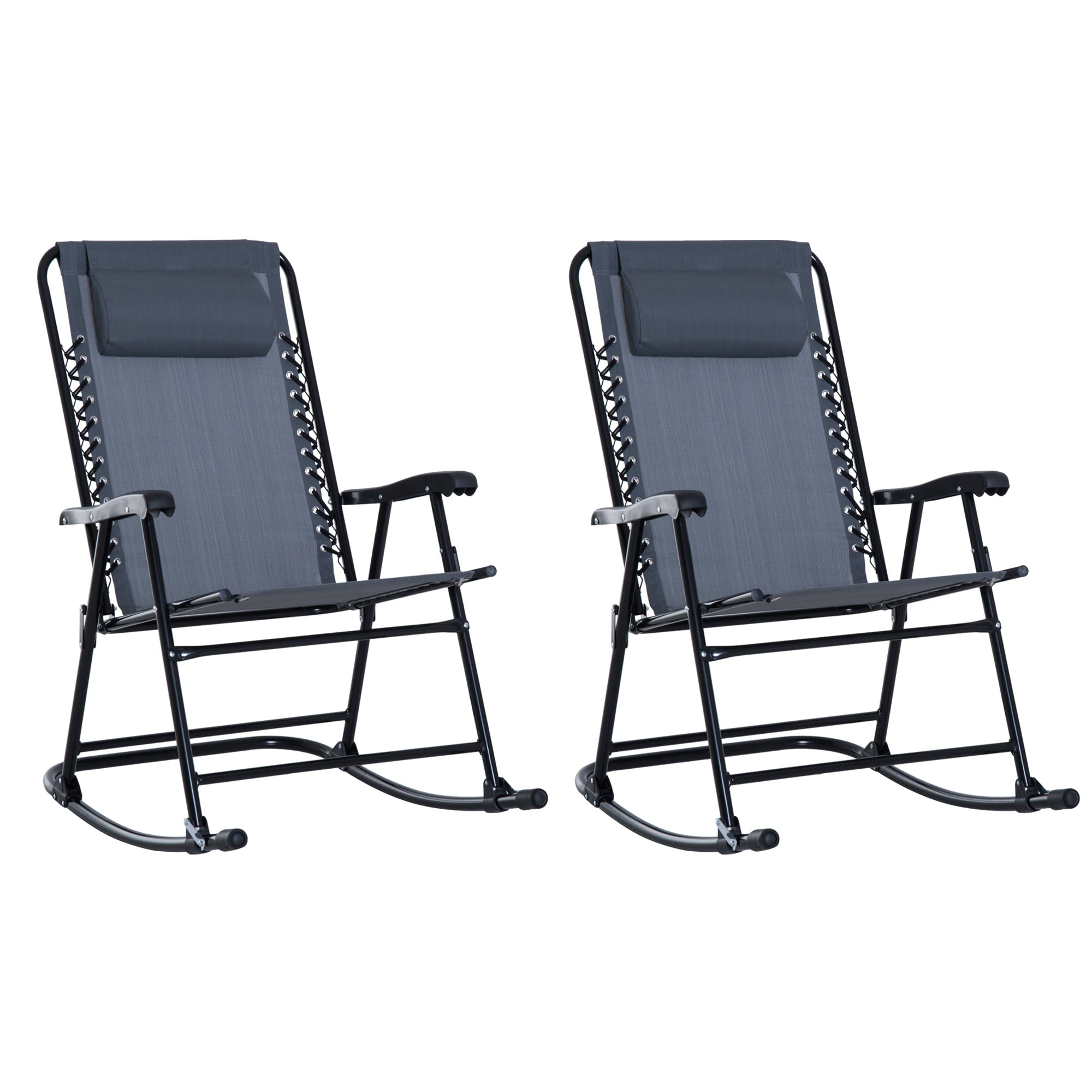 Outsunny Mesh Outdoor Patio 2 Steel Folding Rocking Chair Set Porch Lawn Furniture, Black, Gray, Multicolor