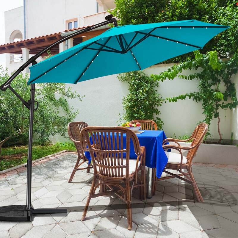 10 FT Patio Offset Umbrella with Solar Lights 360° Rotation Outdoor Market Umbrella with Crank Handle & Cross Base