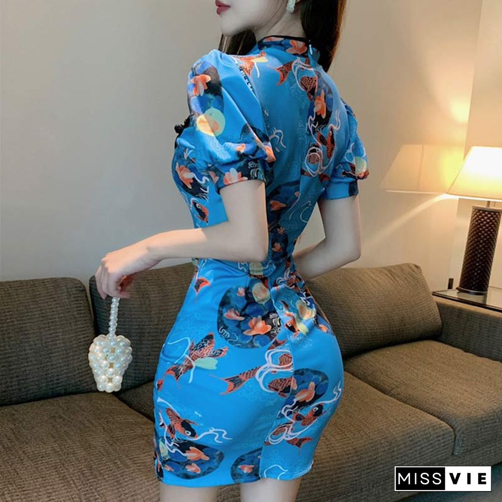 Vintage Print Buckle Split Cheongsam Dress