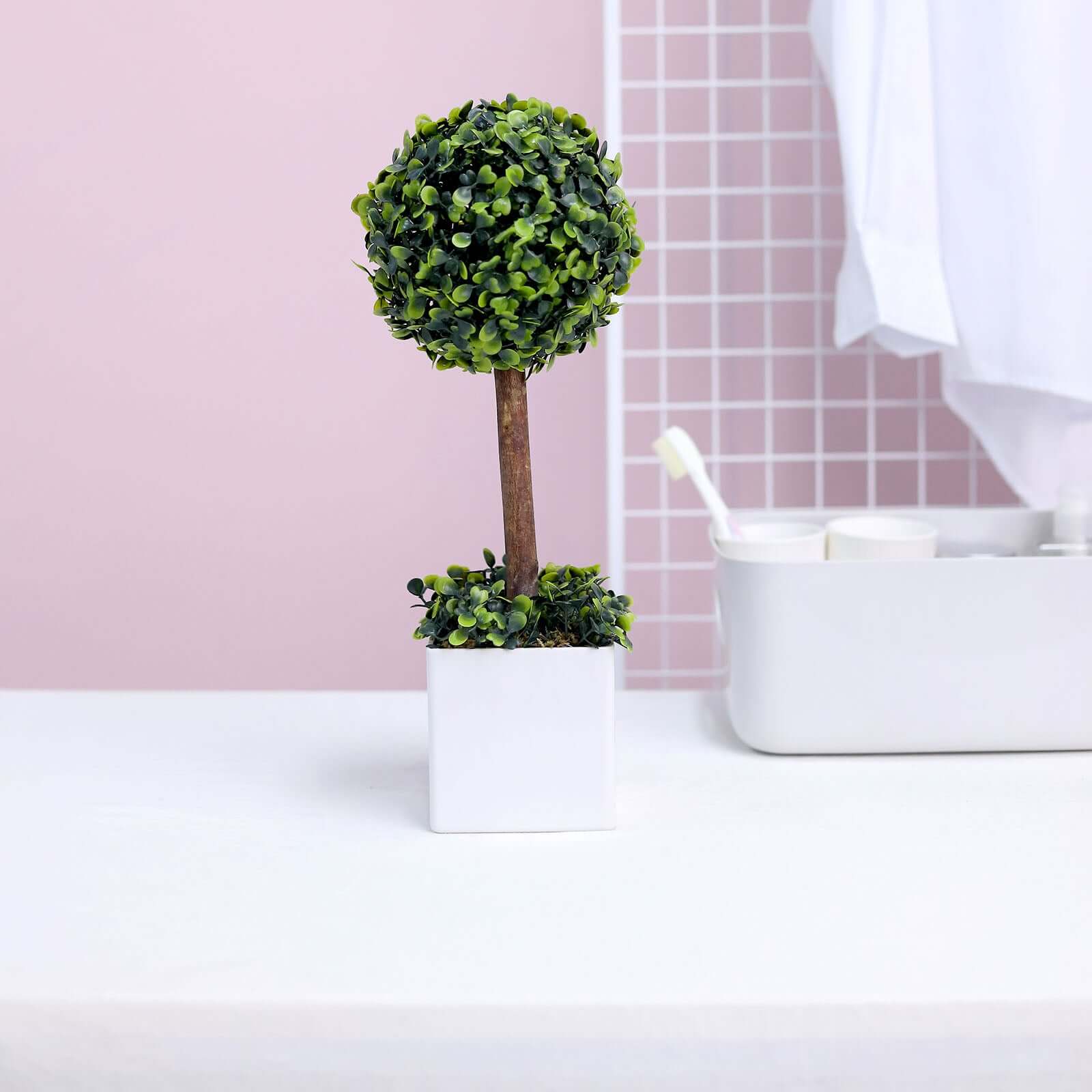 Green Artificial Boxwood Topiary Ball Tree In White Planter Pot 16