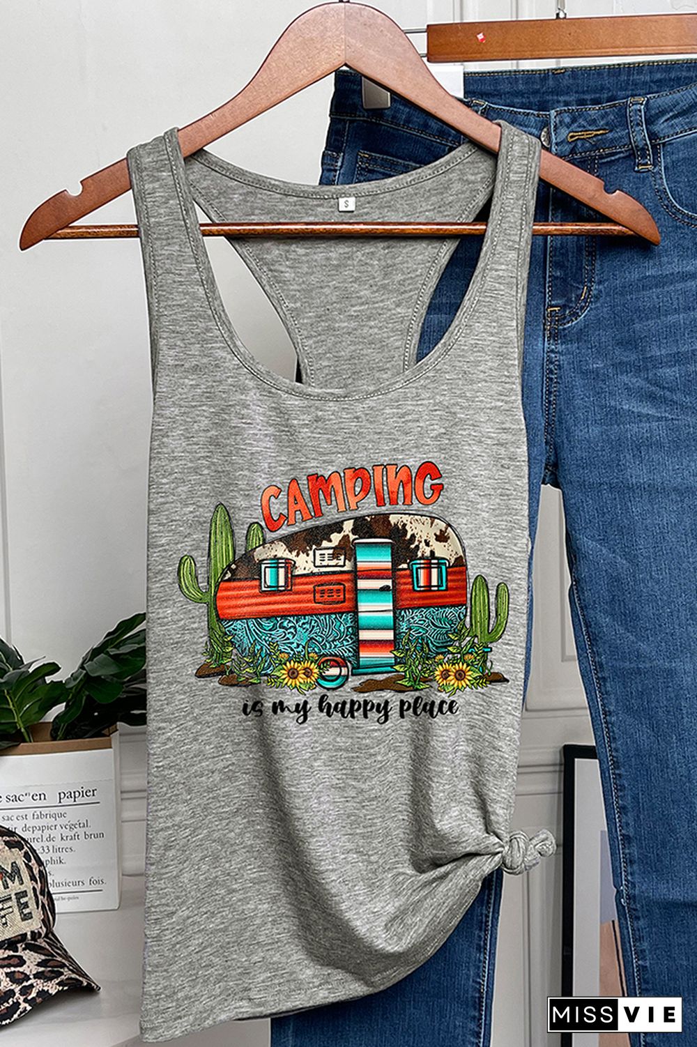 Camping is My Happy Place Printed Sleeveless Tank Top Wholesale