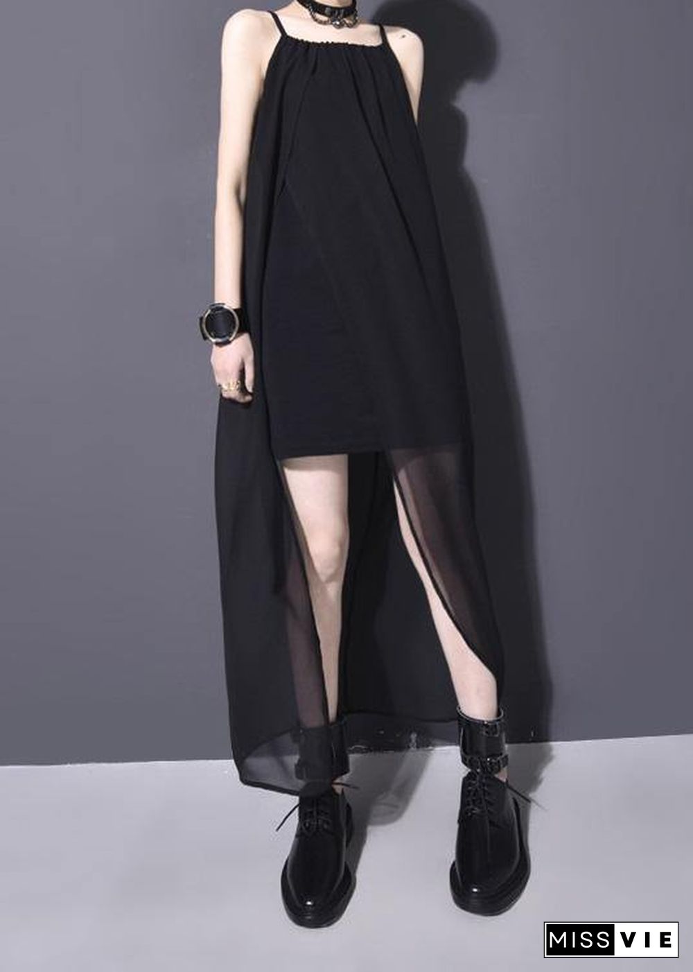 Women black chiffonTunic side open Dresses summer sleeveless Dresses