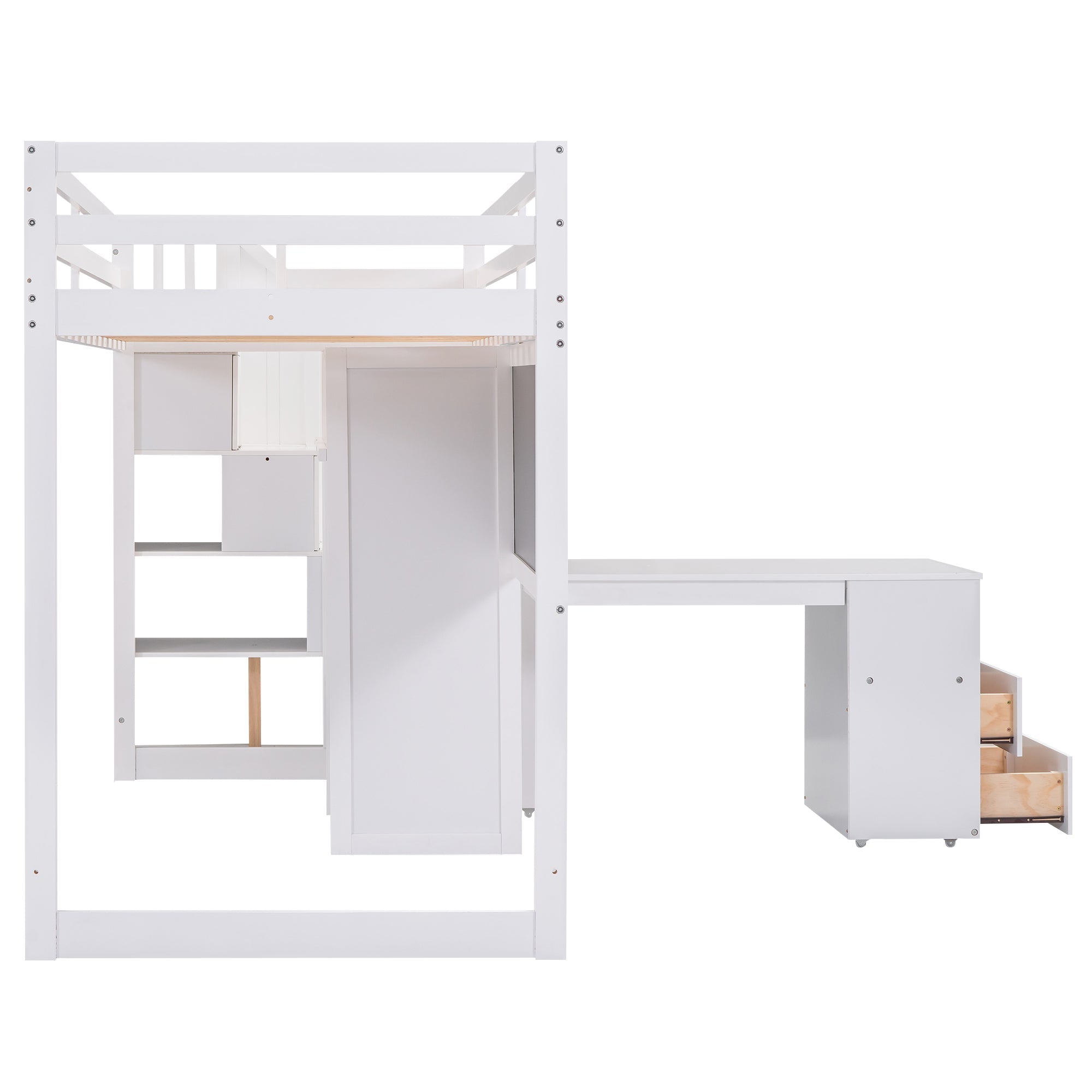 Pine Wood Loft Bed with Storage Staircase, Desk, Drawers and Blackboard for Kids, Twin, White