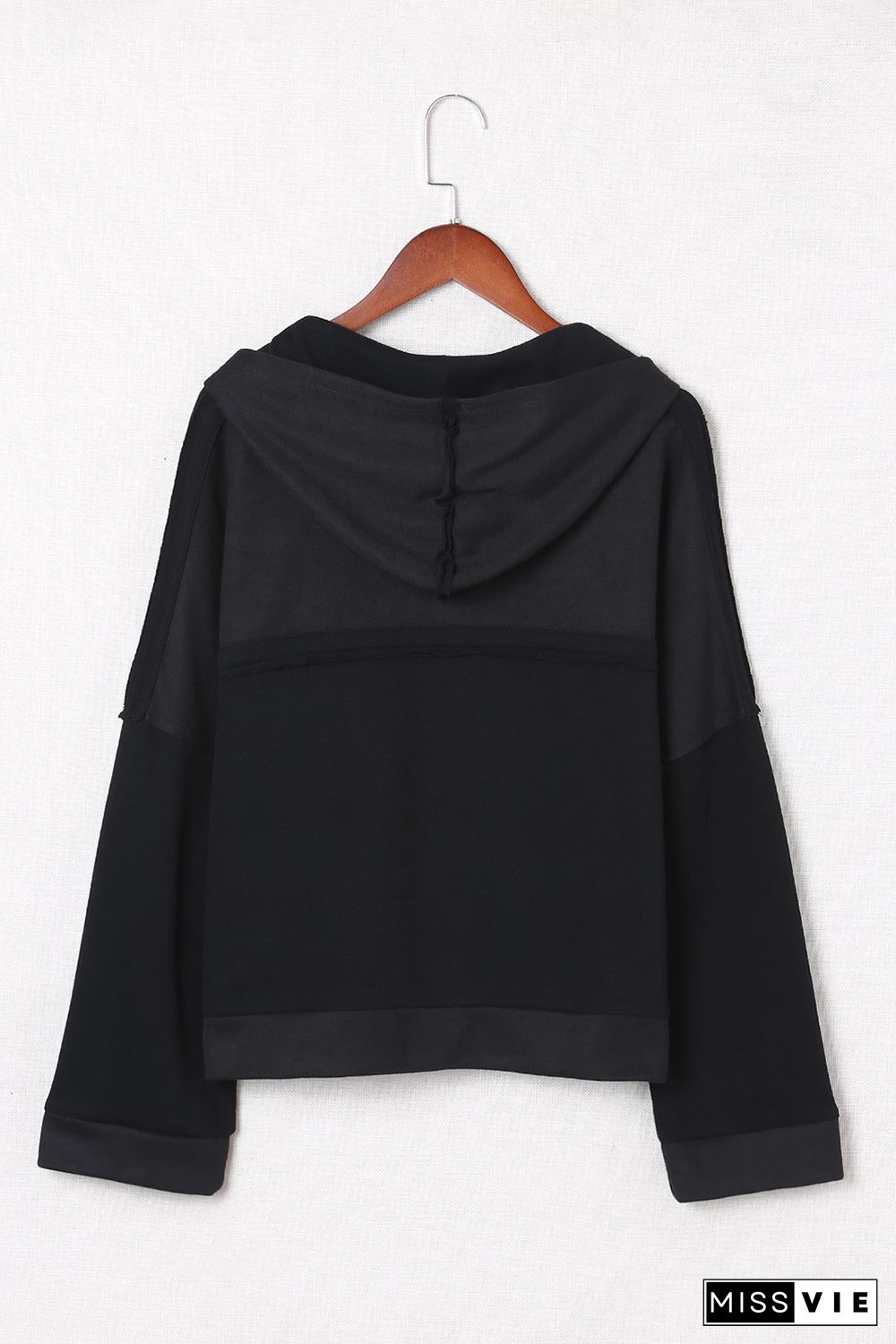 Black Casual Button Solid Patchwork Trim Hoodie