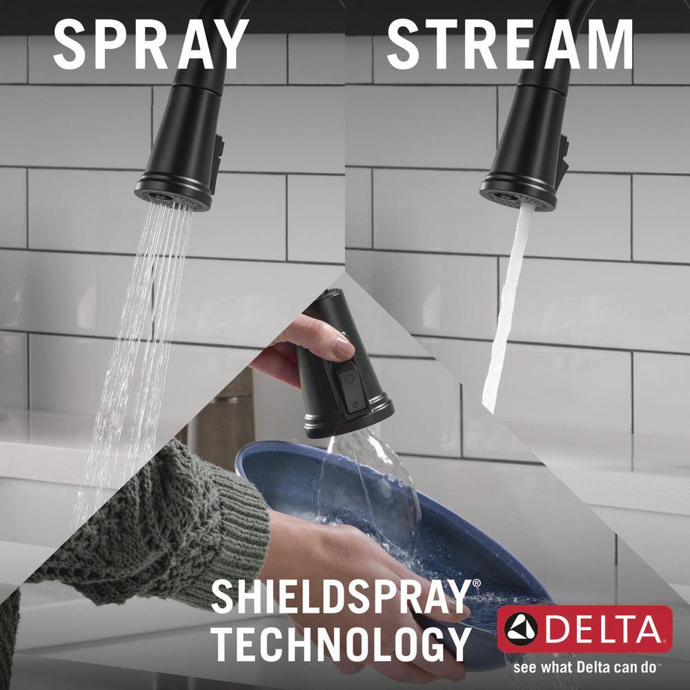 Delta Eldridge Single Handle Pull Down Sprayer Kitchen Faucet with ShieldSpray in Matte Black 19842Z-BLSD-DST