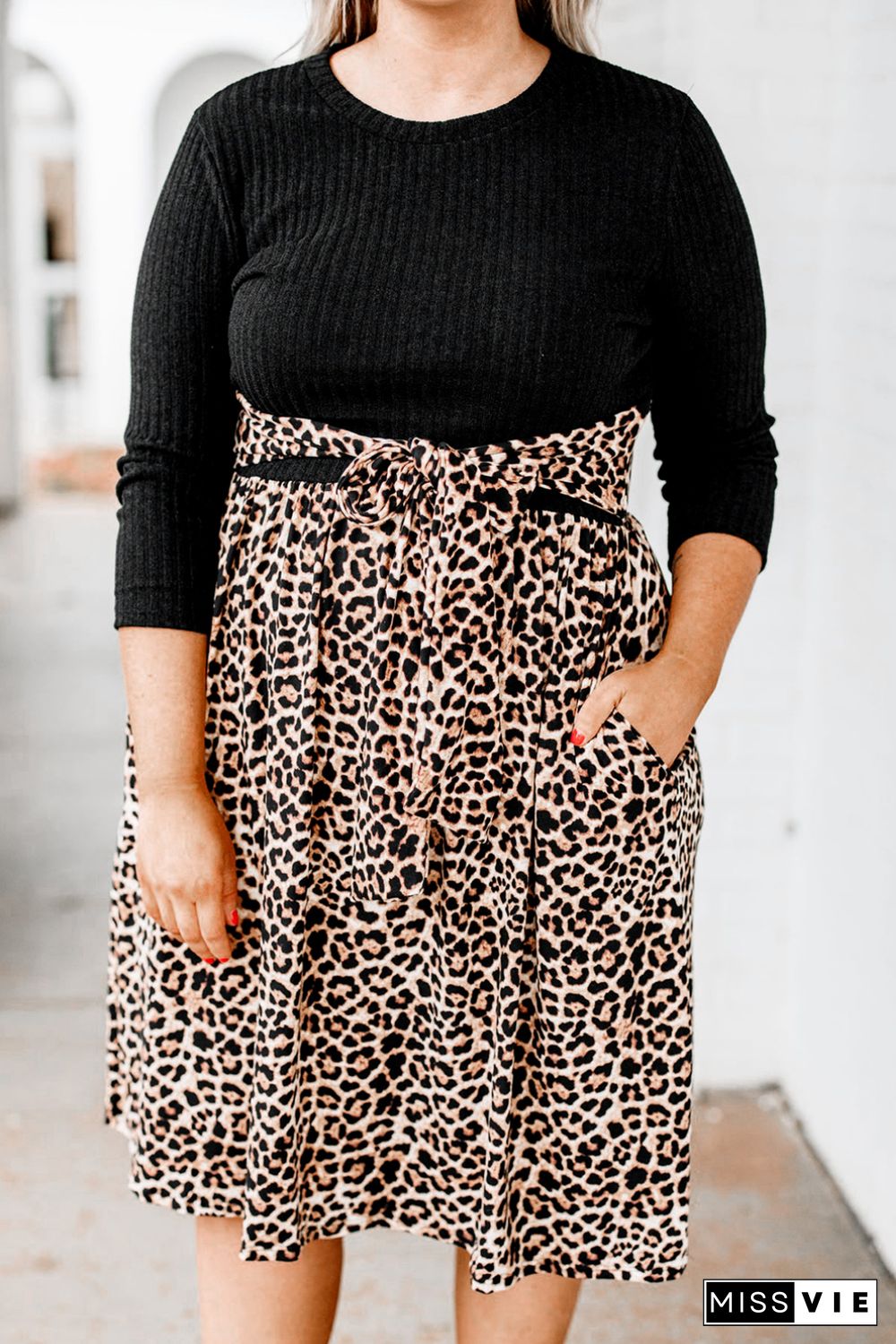 Ribbed Knit Leopard Plus Size Midi Dress