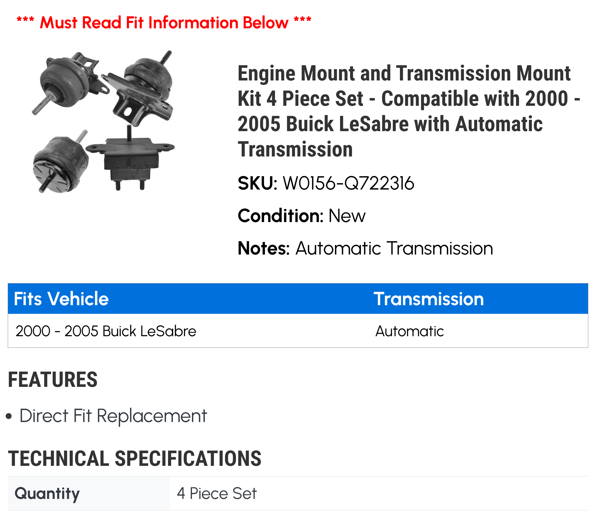 Engine Mount and Automatic Transmission Mount Kit - 4 Piece - Compatible with 2000 - 2005 Buick LeSabre with Automatic Transmission 2001 2002 2003 2004