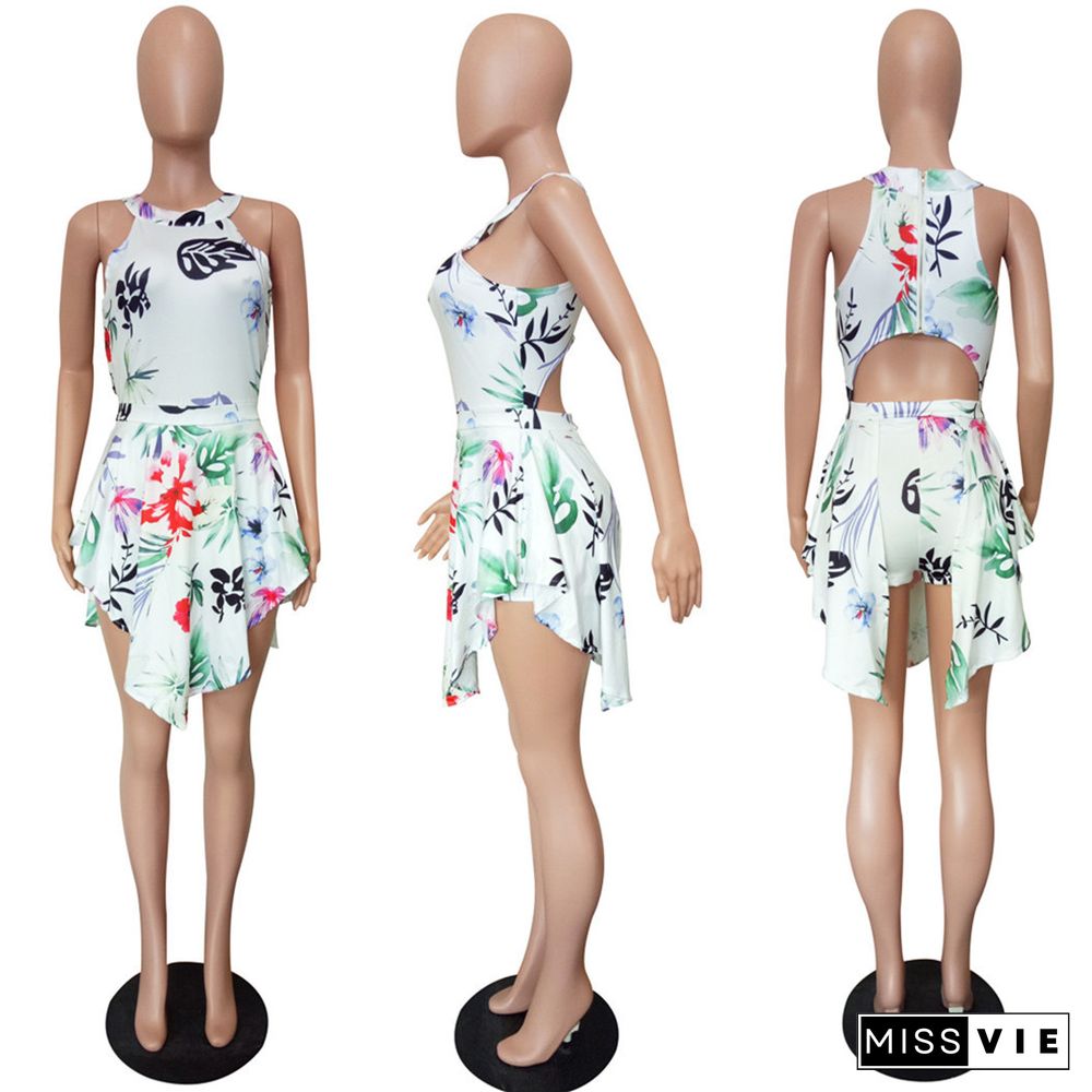 Floral Print Sleeveless Back Cut Out irregular Romper