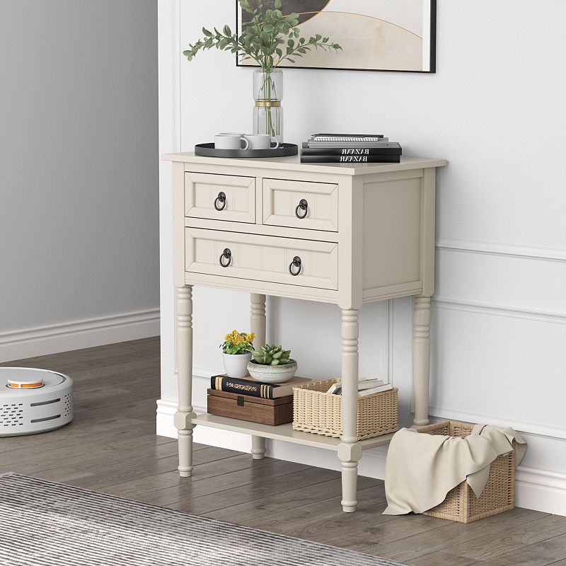 Narrow Console Table With 3 Storage Drawers And Open Bottom Shelf-Beige