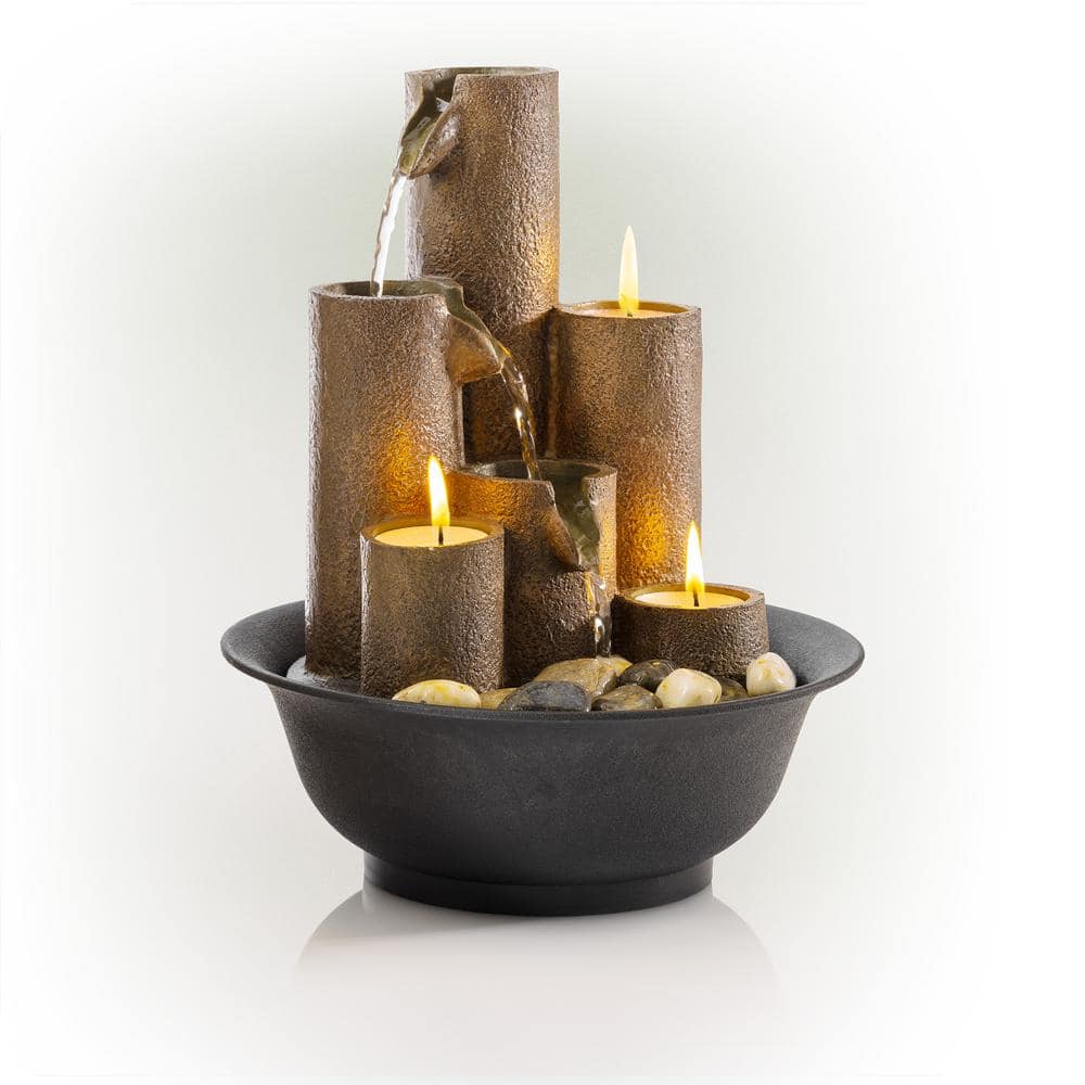 Alpine Corporation 11 in. Tall Indoor Tiered Column Tabletop Fountain with 3 Candles WCT202