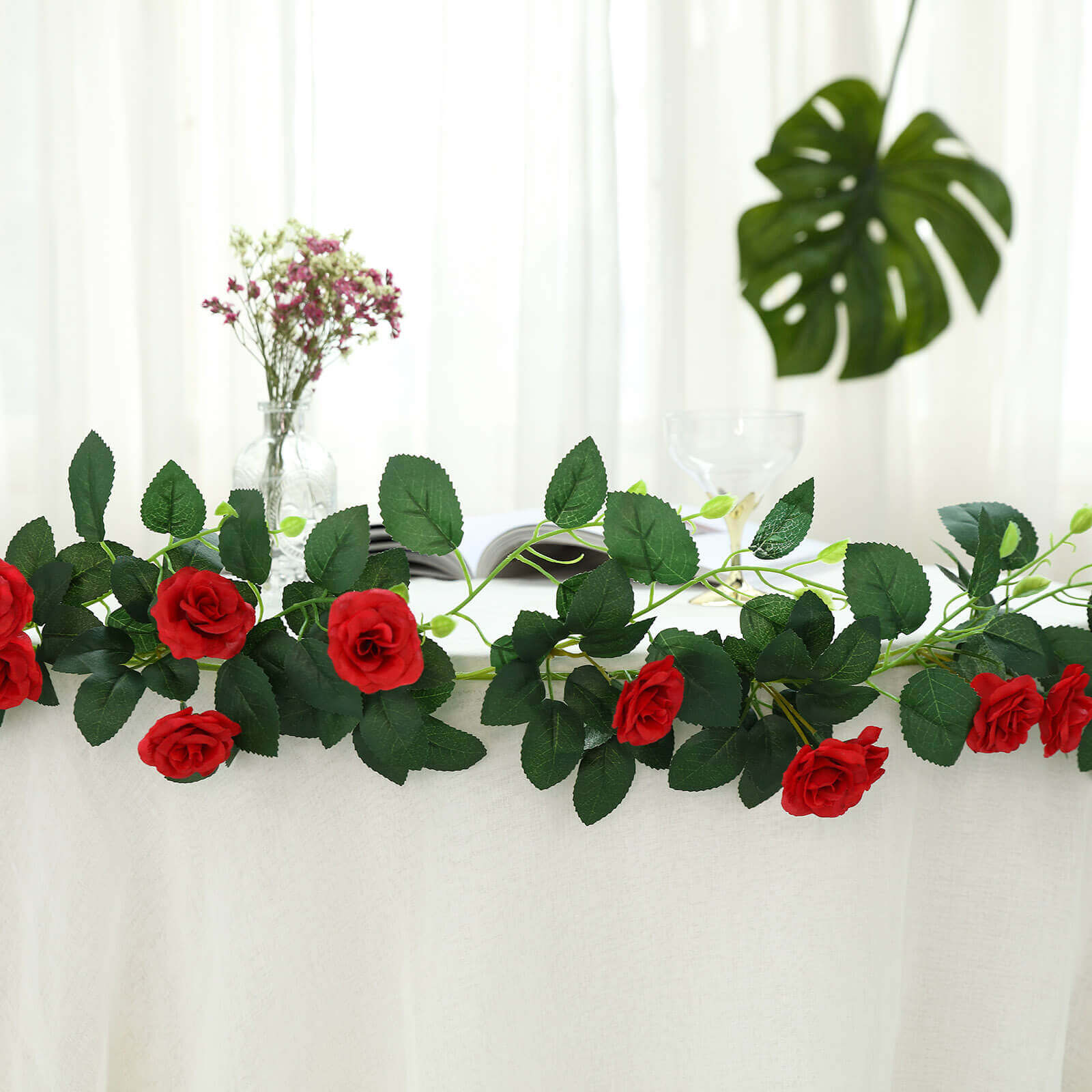 20 Red Artificial Silk Roses Flower Garland, Hanging Vine 6ft