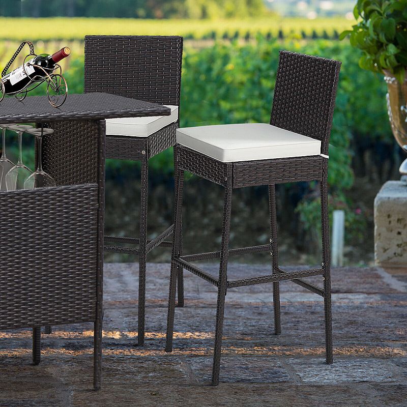 2 Pieces Patio Cushioned Wicker Barstools with Cozy Footrest