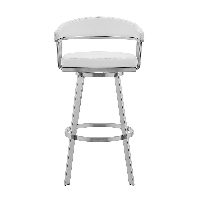 Swivel Barstool with Open Design Metal Frame and Slatted Arms， White and Silver