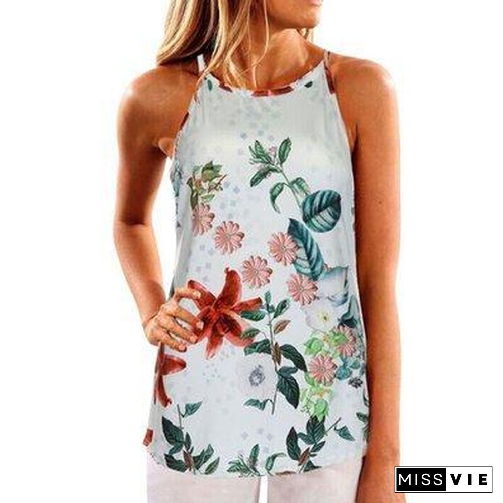 Navy Random Floral Print Round Neck Cami Tops