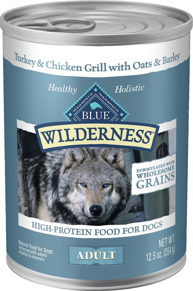 Blue Buffalo Wilderness Turkey and Chicken Grill with Oats and Barley Adult Wet Dog Food， 12.5-oz， case of 12