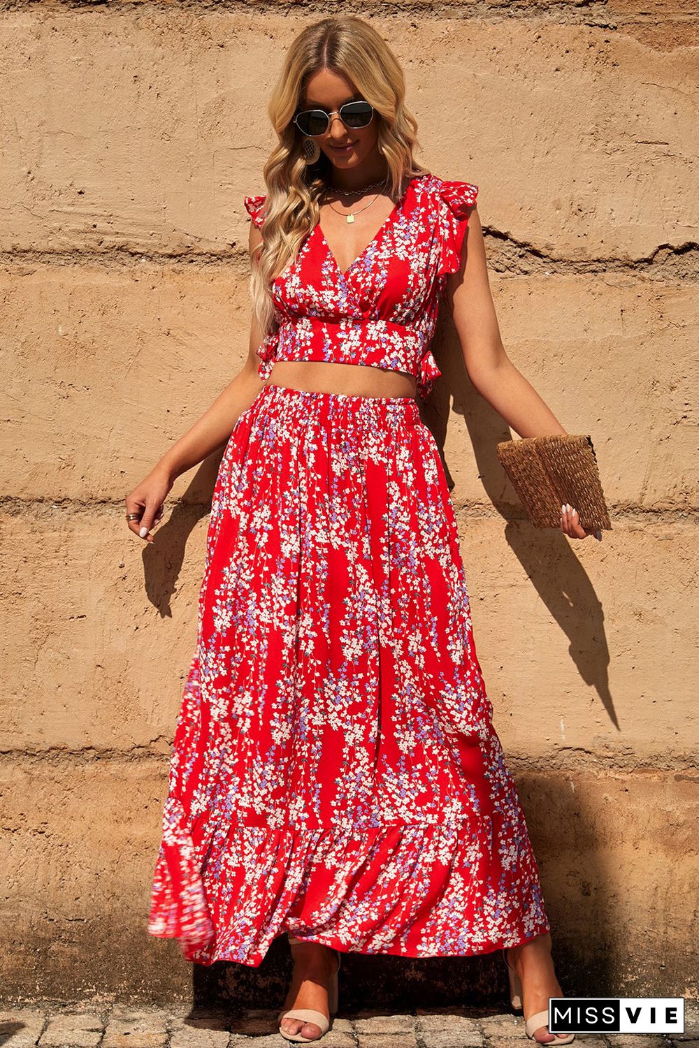 Red Multicolor Floral Ruffled Crop Top and Maxi Skirt Set