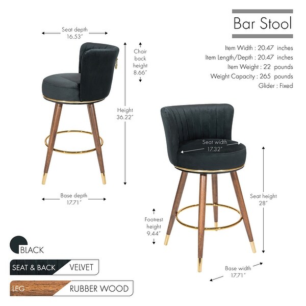 Porthos Home Pedra Swivel Bar Stools Set of 2， Velvet， Rubberwood Legs