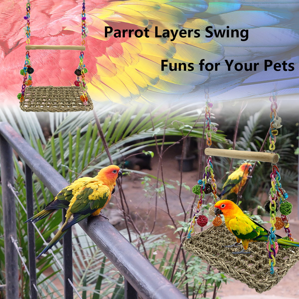 Bird Seagrass Swing Toys with Wood Perch Bird Parrot Trapeze Swing Seagrass Bird Climbing Hammock Bird Perch Stand Chewing Toy for Lovebird， Cockatiel， Budgie， Conure Parrotlet， Parakeets