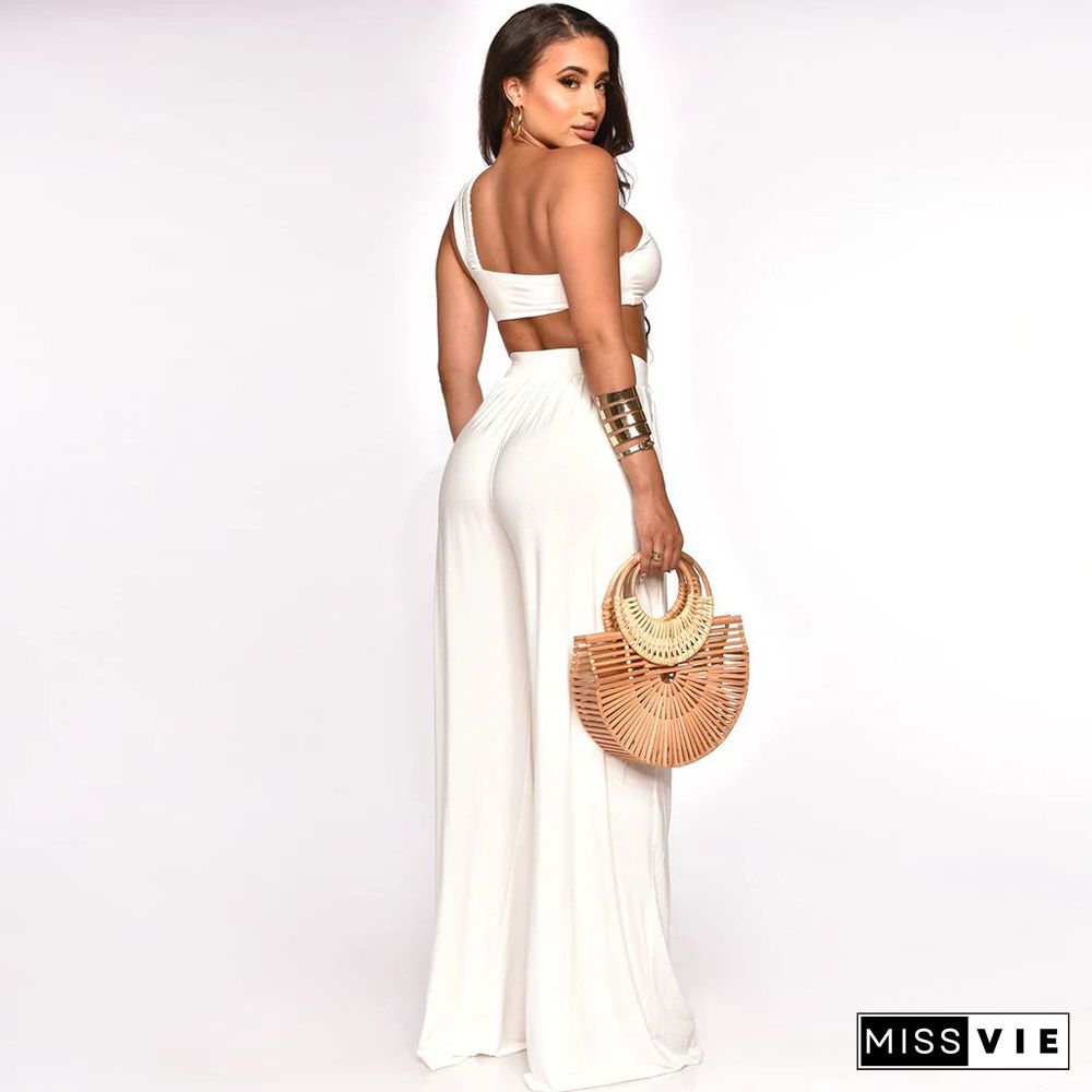 Skew Collar Crop Top Wide Leg Pants Two Piece Set