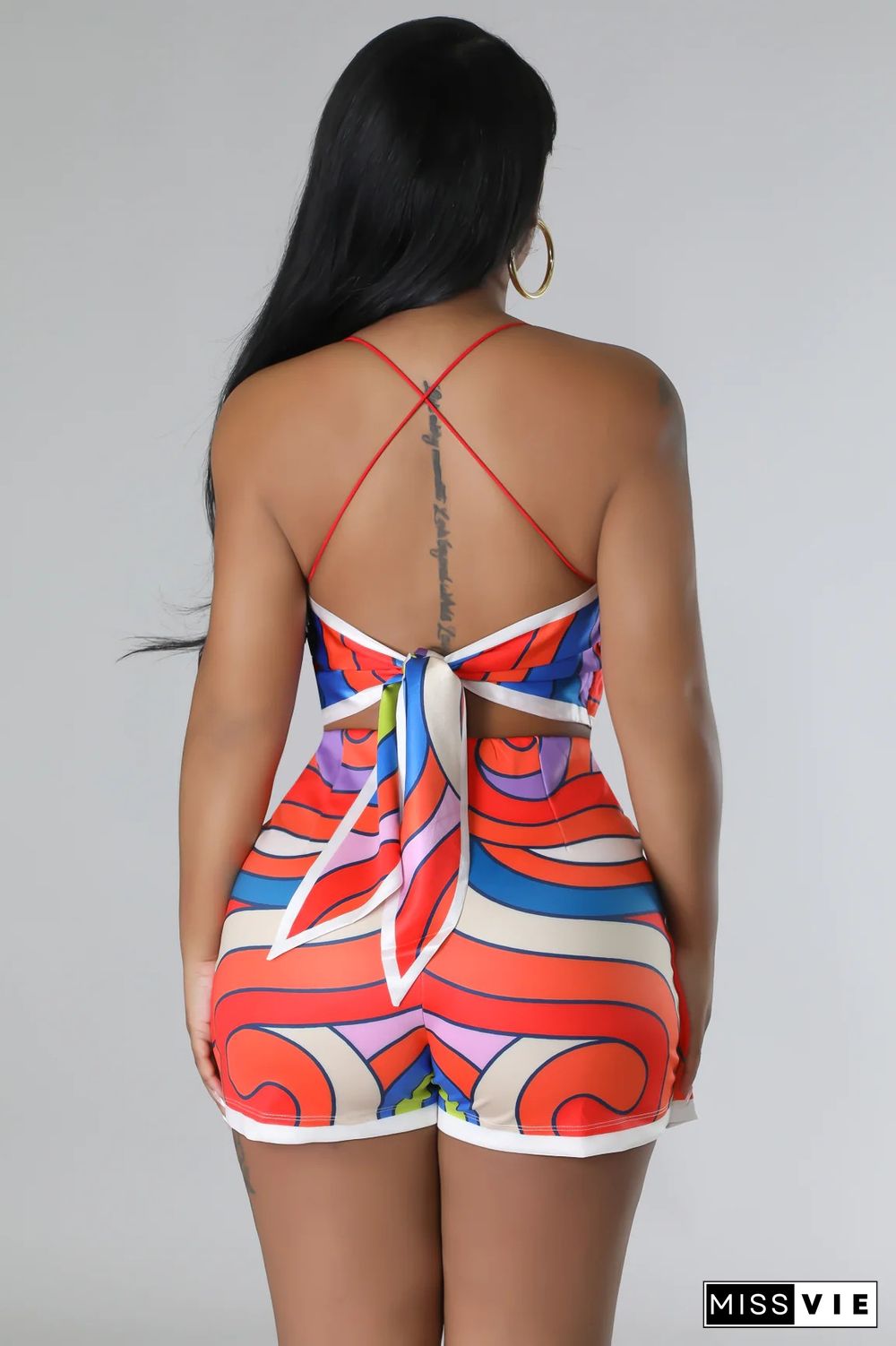 Printing Backless Bandage Two Piece Shorts Set