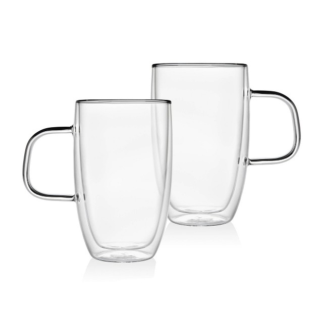 15oz 2pk Borosilicate Glass Double Wall Coffee Mugs Godinger Silver