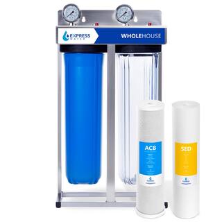 Express Water 2-Stage Whole House Water Filtration System - Sediment and Carbon Filter Pressure Gauge Easy Release 1 in. Connection WH200SCS