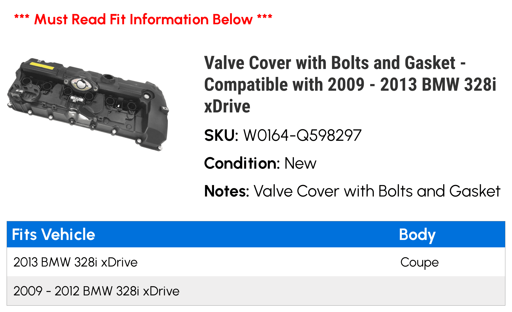 Valve Cover with Bolts and Gasket - Compatible with 2009 - 2013 BMW 328i xDrive 2010 2011 2012