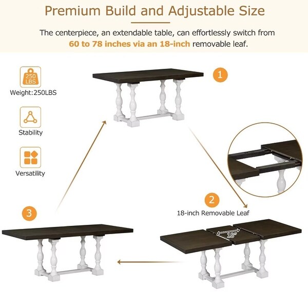 Extendable Dining Table Set with Removable Leaf，Padded Chairs and Bench