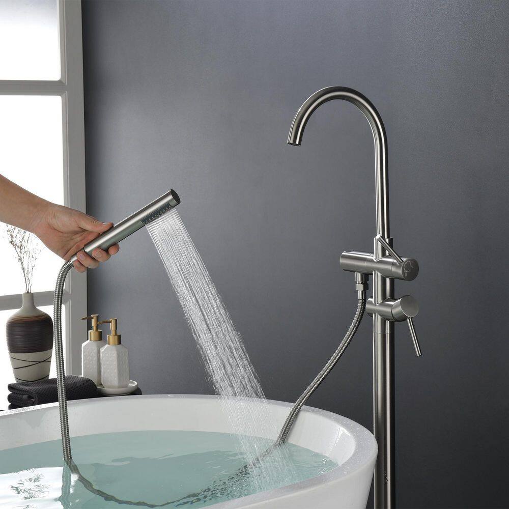 Nestfair 2-Handle Floor Mount Roman Tub Faucet with Hand Shower in Brushed Nickel SX-JM851N