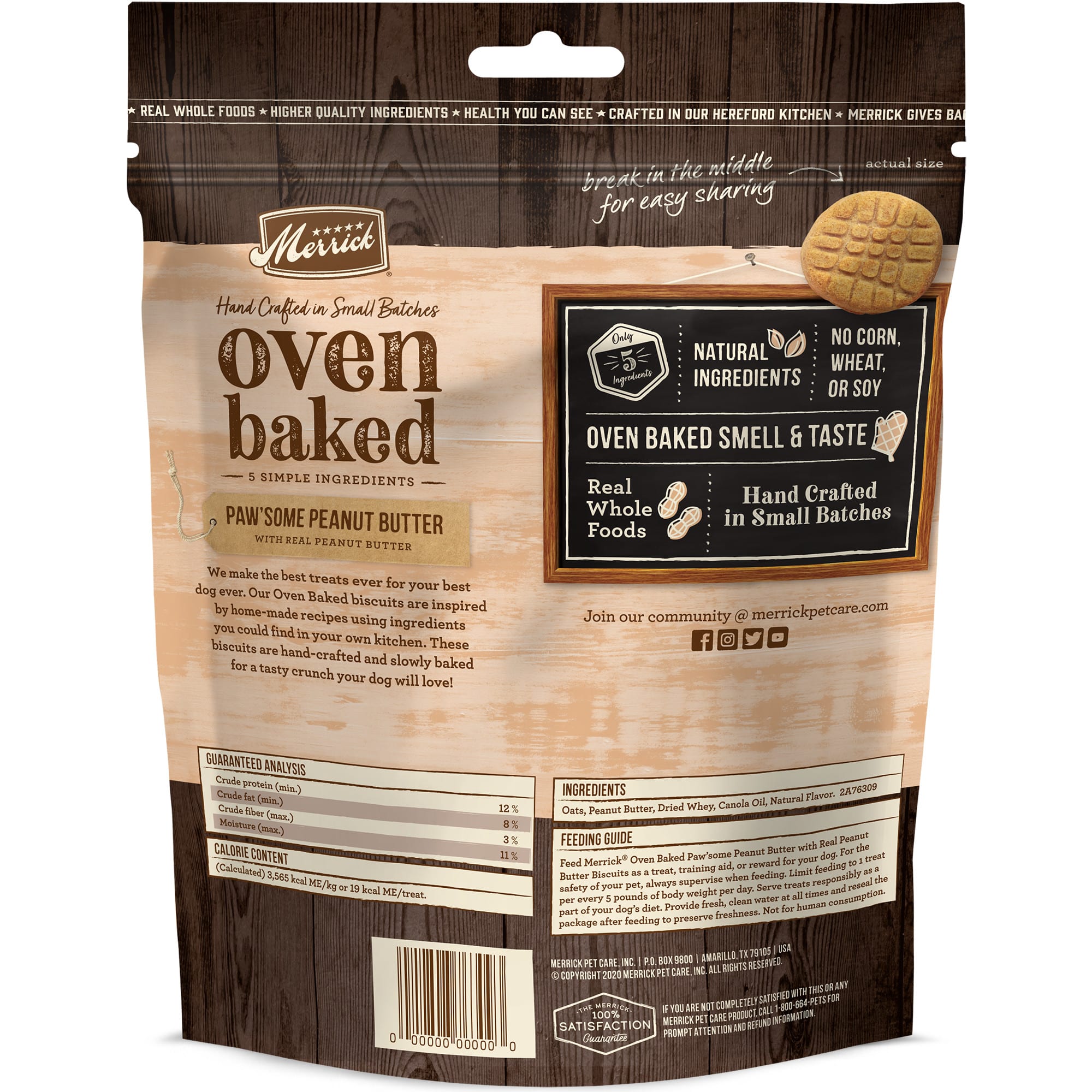 Merrick Oven Baked Pawsome Peanut Butter with Real Peanut Butter Treats for Dogs， 11 oz.