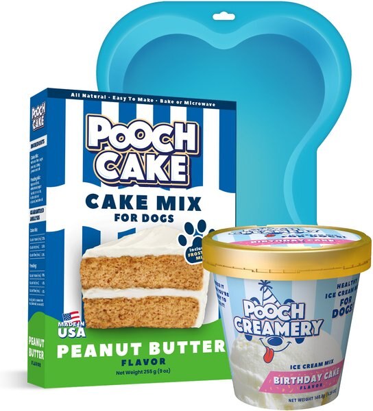 Pooch Cake Basic Starter Plus Peanut Butter Cake Mix with Cake Mold Kit and Pooch Creamery Birthday Cake Ice Cream Dog treat， 9-oz box and 5.25-oz carton