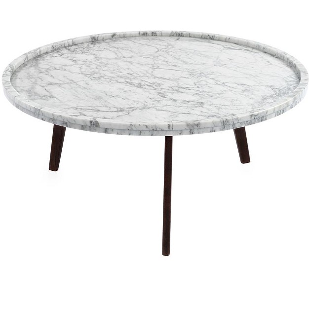 Round Italian Carrara White Marble Coffee Table With Walnut Legs