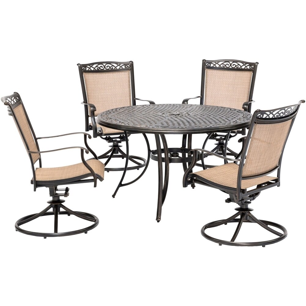 Hanover Fontana 5 Piece Outdoor Dining Set with 4 Sling Swivel Rockers and a 48 In. Cast Top Table