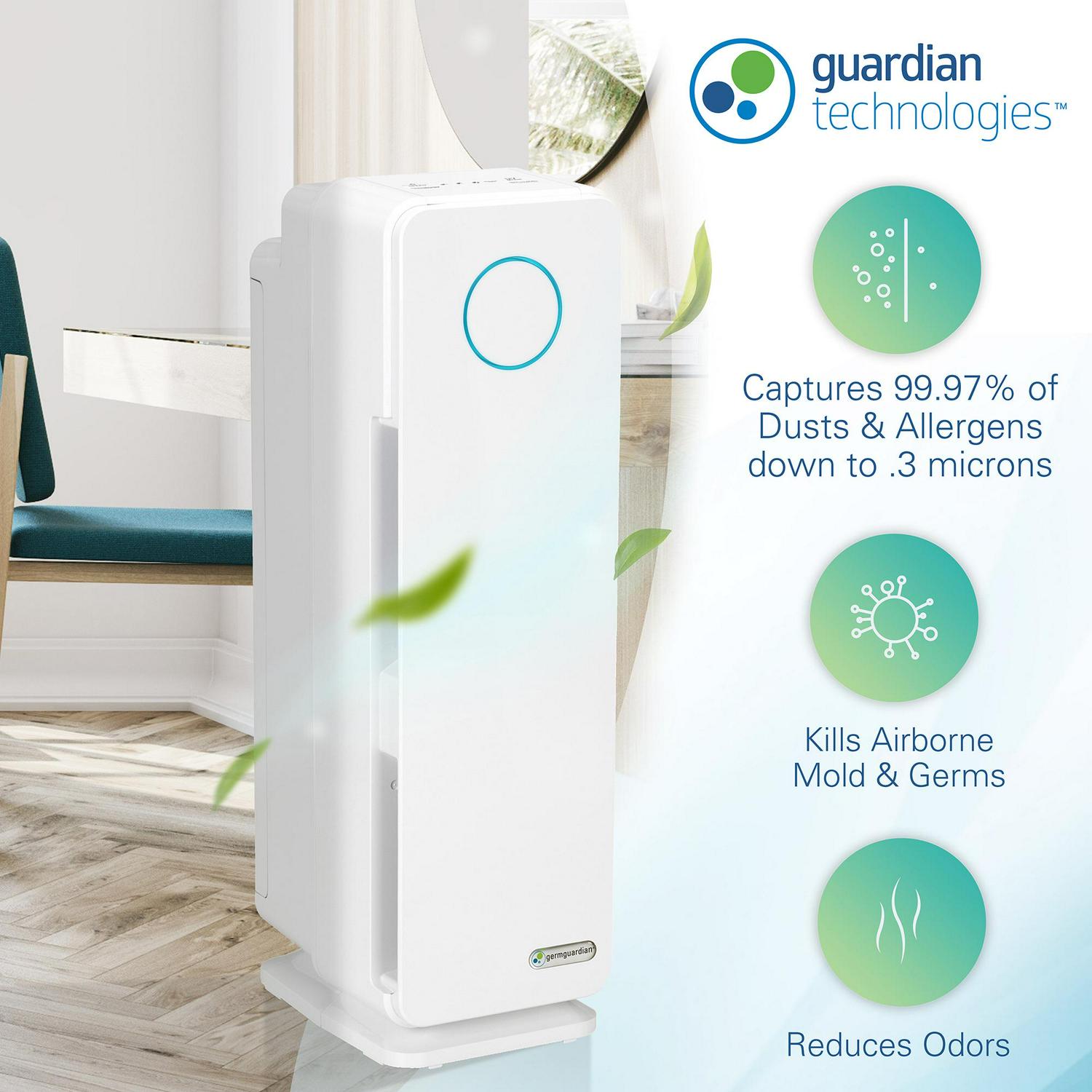 Germguardian Air Purifier with True HEPA Filter for Home and Pets， UV-C Sanitizer， AC4300WPT 22-Inch Tower