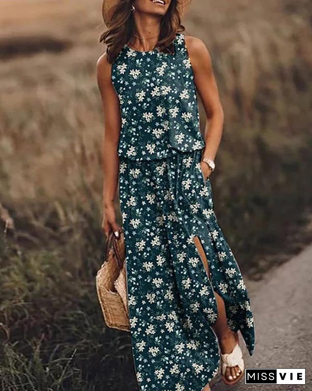 Print Sleeveless Round Neck Holiday Daily Fashion Maxi Dresses